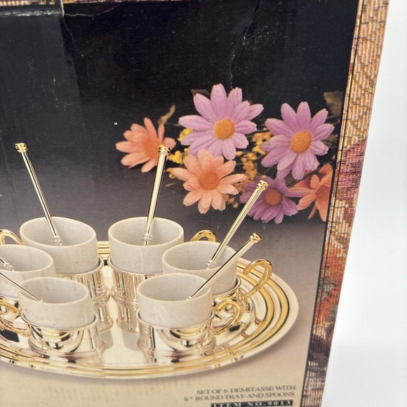 Vintage Davco Silver Gold Set  Set of 6 Demitasse w/11" Round Tray & Spoons New - Picture 4 of 6